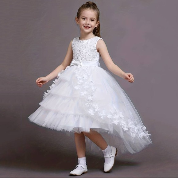 White Tulle Formal Christening Gown 7/8 Floral 3D Applique Satin Bow Flower Girl - Picture 9 of 16